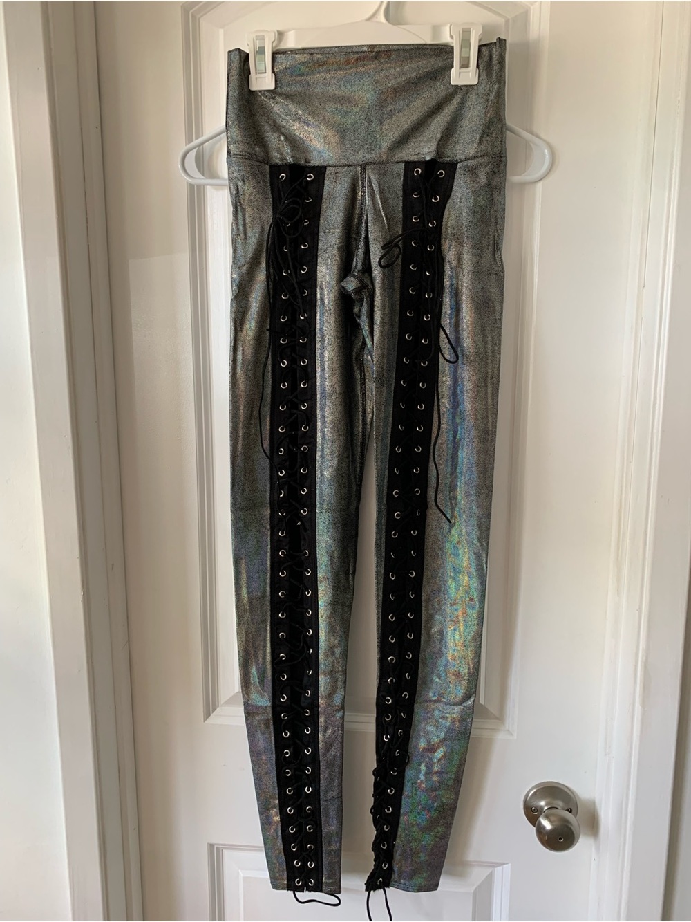 Little Black Diamond High-Waisted Silver Sparkle Holographic Lace-Up Leggings